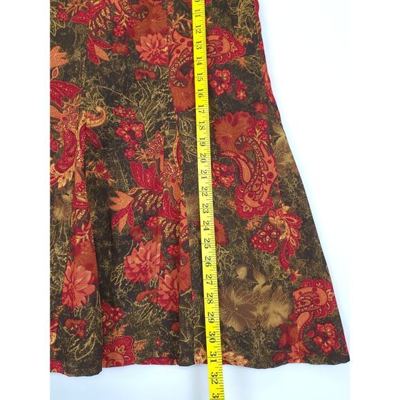 RQT Midi Trumpet Skirt Paisley Floral Women‎ 14 Olive Reds Mature Office Retro - Picture 5 of 10